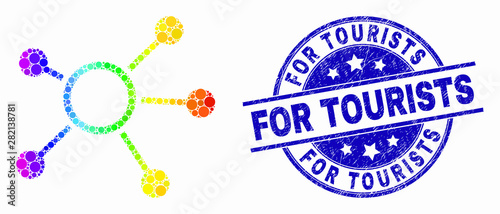 Dot bright spectral links mosaic icon and For Tourists seal stamp. Blue vector rounded textured seal with For Tourists caption. Vector combination in flat style.