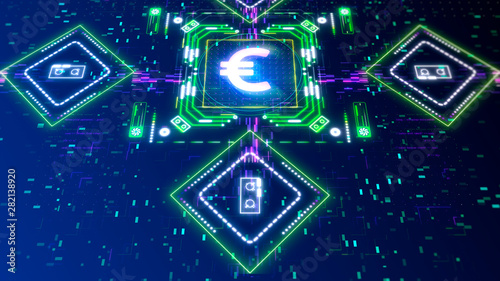 Euro money symbol in cyber space. Futuristic 3d illustration