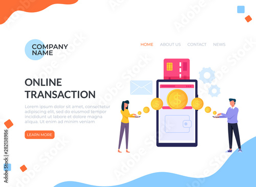 Two people characters making online money transaction exchanging. Online payment banner poster concept. Vector flat cartoon graphic design illustration