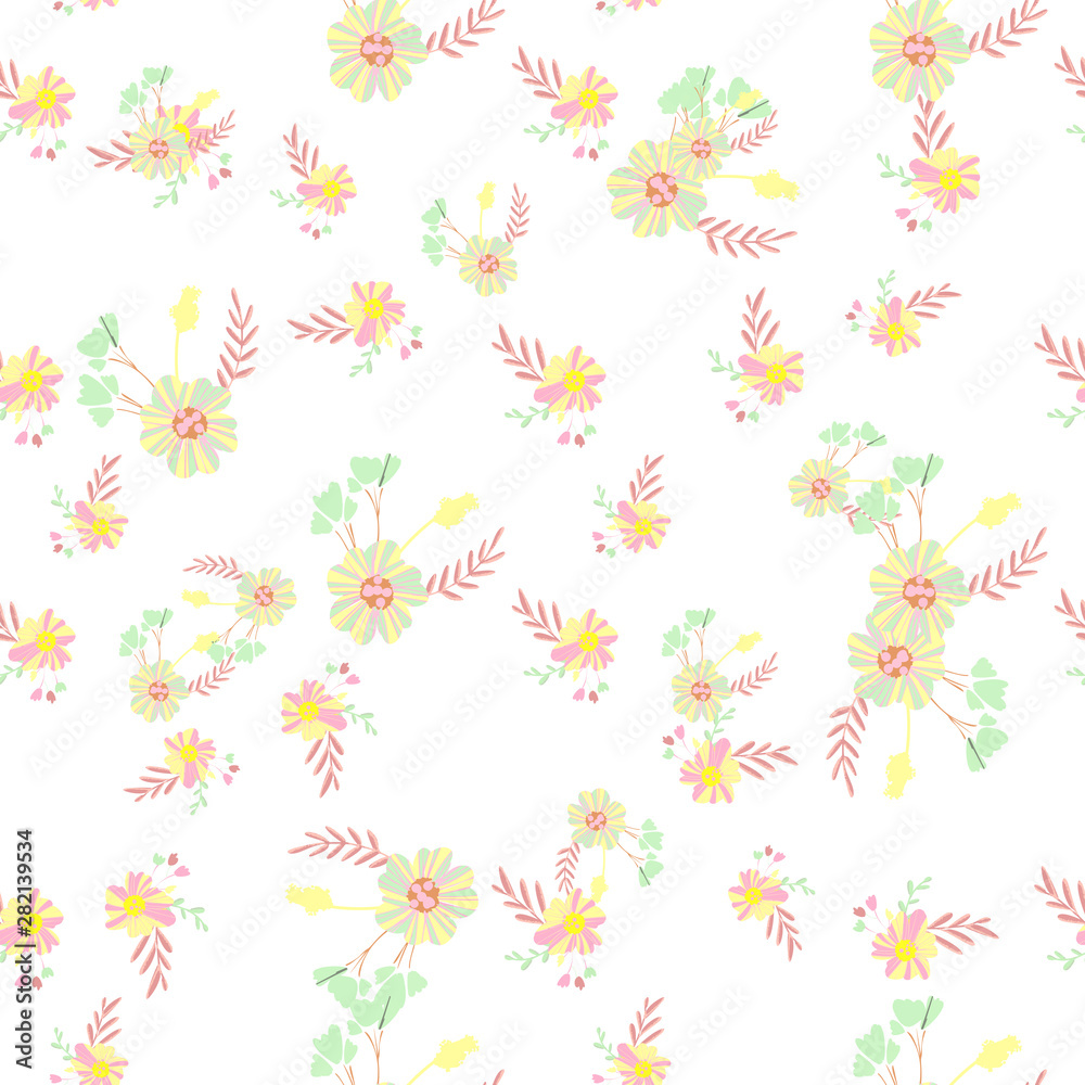 Abstract simple flowers seamless pattern for fabric design. Vector repeat illustrations. Romantic twig and flora seamless pattern.Botanical wallpaper. Element decorative floral.