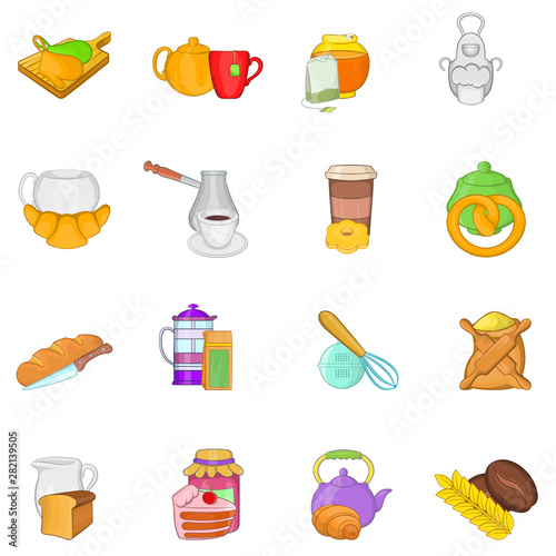 Tea food icons set. Cartoon set of 16 tea food vector icons for web isolated on white background
