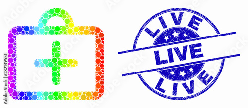 Dot spectrum first-aid case mosaic icon and Live stamp. Blue vector round scratched seal stamp with Live message. Vector combination in flat style.