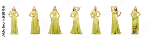 Young woman in elegant long green dress isolated on white