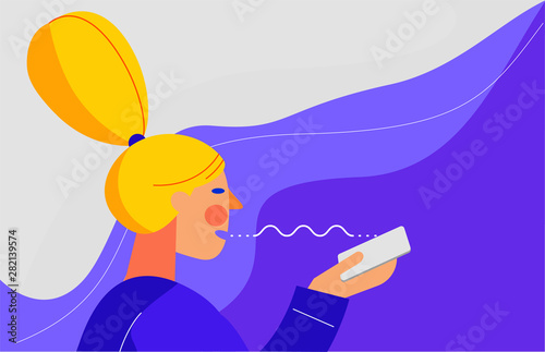 Concept banner with woman using voice assistant mobile app. At home and work, everywhere