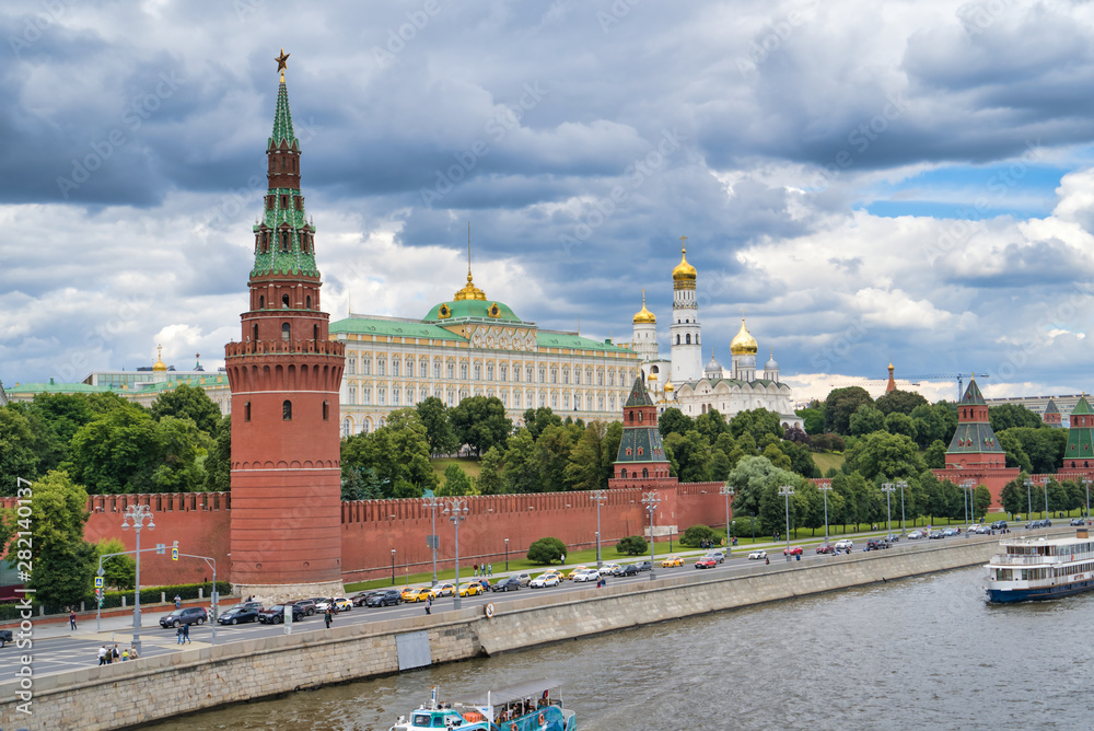 Moscow, Russia - JULY 06, 2019: Grand Kremlin Palace on Borovitsky Hill, view from Moskva river Moscow, Russia - JULY 06, 2019: Grand Kremlin Palace on Borovitsky Hill, view from Moskva river