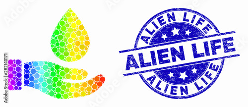 Pixelated rainbow gradiented blood donation hand mosaic icon and Alien Life seal stamp. Blue vector rounded scratched stamp with Alien Life text. Vector composition in flat style.