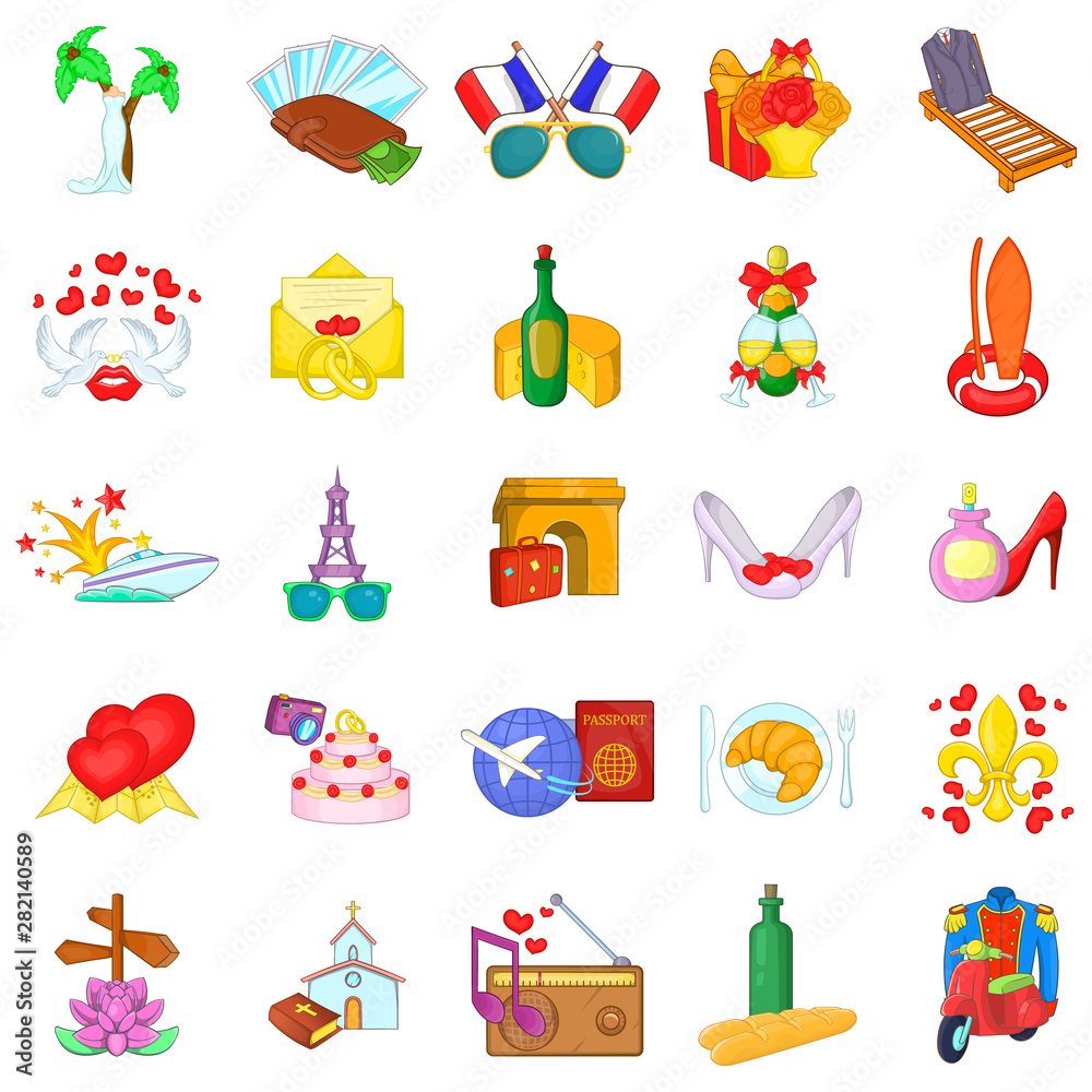Honeymoon trip icons set. Cartoon set of 25 honeymoon trip vector icons for web isolated on white background Honeymoon trip icons set. Cartoon set of 25 honeymoon trip vector icons for web isolated on white background