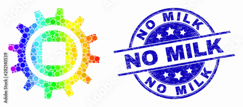 Pixelated spectral gear mosaic pictogram and No Milk stamp. Blue vector round scratched seal stamp with No Milk message. Vector combination in flat style.
