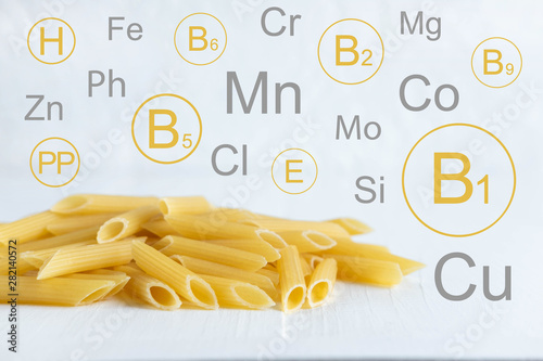 Vitamins and minerals in hard pasta. Conceptual photo with a list of useful substances in pasta. Photo for a blog about diets and healthy nutrition