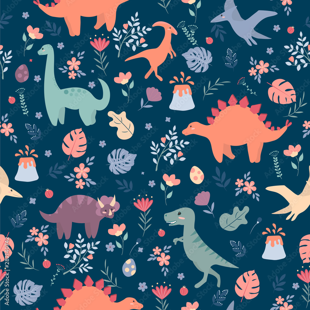 Seamless pattern with dinosaurs and tropical leaves and flowers. Perfect for kids fabric, textile, wallpaper. Cute dino design. Vector illustration
