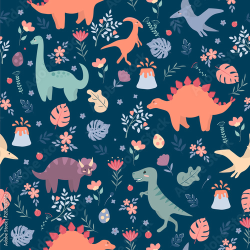 Seamless pattern with dinosaurs and tropical leaves and flowers. Perfect for kids fabric, textile, wallpaper. Cute dino design. Vector illustration