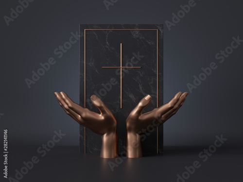 фотографія 3d render, golden mannequin hands isolated on black background, black marble boa