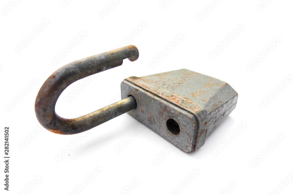 old metal padlock on white background with clipping path. old metal padlock on white background with clipping path.