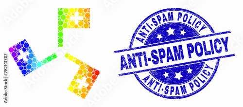 Dotted bright spectral medical flags mosaic pictogram and Anti-Spam Policy seal stamp. Blue vector rounded distress stamp with Anti-Spam Policy phrase. Vector collage in flat style.
