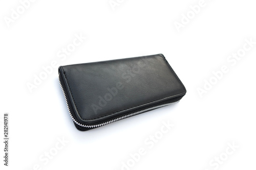 Black leather wallet with dollars isolated on white background.