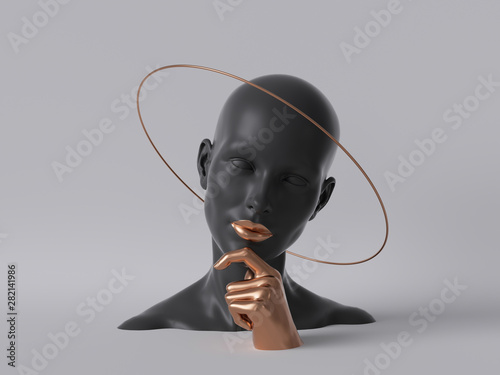 3d render, woman mannequin black head isolated on white background, golden hand, fashion concept, shop display, female body parts, clean minimal design