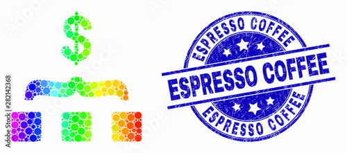 Dot rainbow gradiented dollar aggregation mosaic pictogram and Espresso Coffee seal stamp. Blue vector round distress seal with Espresso Coffee phrase. Vector collage in flat style.
