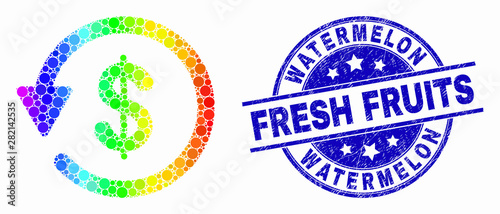 Dotted spectrum dollar refund mosaic icon and Watermelon Fresh Fruits seal stamp. Blue vector rounded textured stamp with Watermelon Fresh Fruits title. Vector combination in flat style.