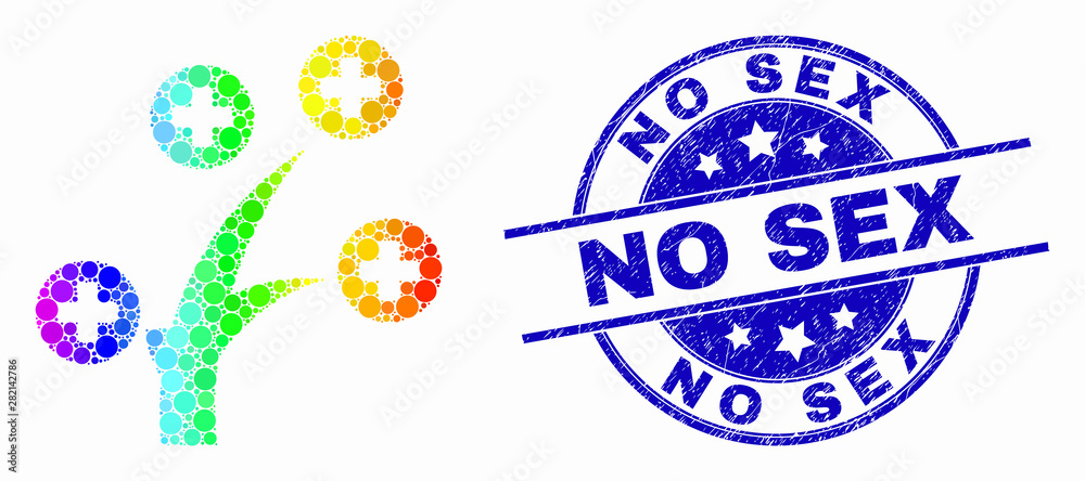 Dotted bright spectral medical tree mosaic icon and No Sex seal. Blue vector rounded textured seal with No Sex text. Vector combination in flat style. Dotted bright spectral medical tree mosaic icon and No Sex seal. Blue vector rounded textured seal with No Sex text. Vector combination in flat style.