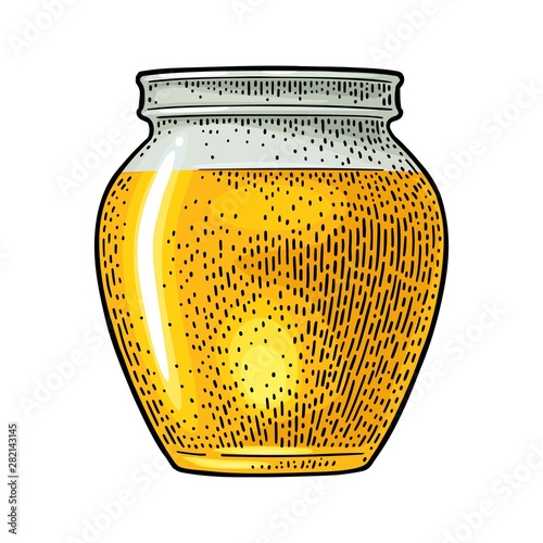 Glass Jar with honey. Engraving vintage vector color