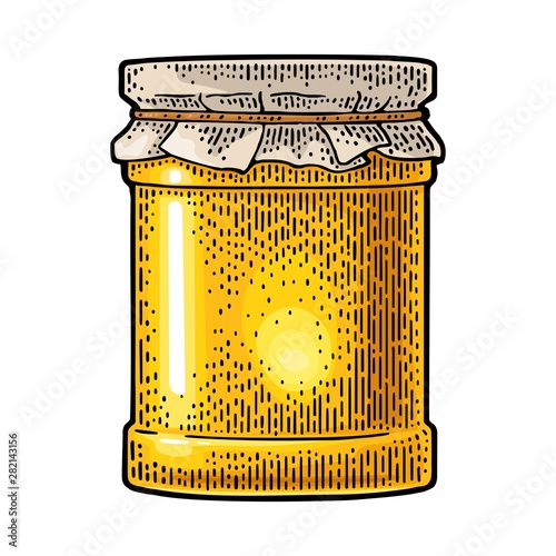 Glass Jar with honey packaging paper. Engraving vintage vector color