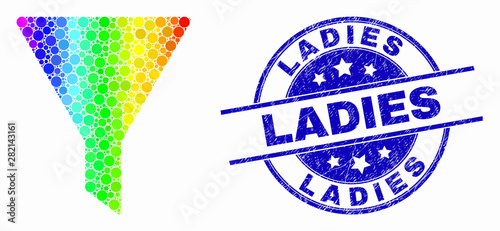 Pixel rainbow gradiented filter mosaic pictogram and Ladies stamp. Blue vector rounded textured seal stamp with Ladies text. Vector composition in flat style.