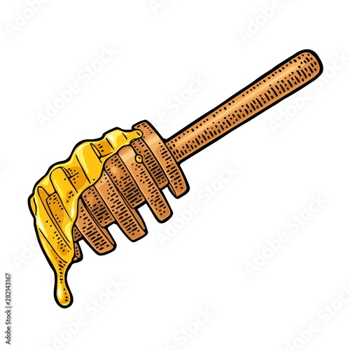 Honey dripping from wooden stick.. Vintage engraved color illustration