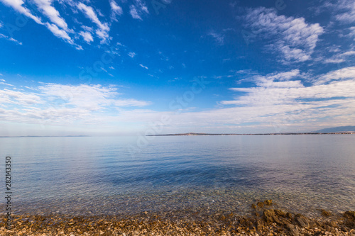 Sea landscape with islands on background. View from Privlaka village in the Zadar County of Croatia  Europe.