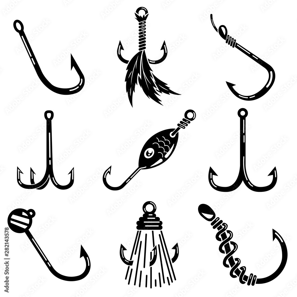 Fishing hook icons set. Simple set of fishing hook vector icons for web  design on white background Stock Vector