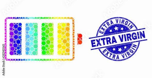 Dotted bright spectral electric battery mosaic pictogram and Extra Virgin stamp. Blue vector round distress seal with Extra Virgin message. Vector collage in flat style.