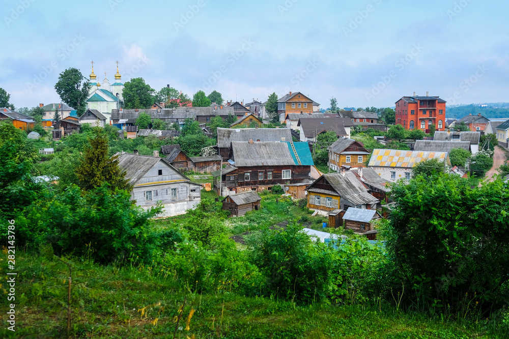 Sebezh, Russia - May, 25, 2019: landscape with the image of houses in the city of Sebezh, Russia Sebezh, Russia - May, 25, 2019: landscape with the image of houses in the city of Sebezh, Russia