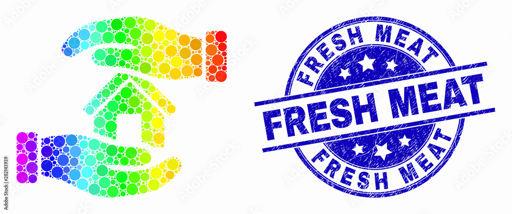 Dot bright spectral hands care home mosaic icon and Fresh Meat seal stamp. Blue vector rounded textured stamp with Fresh Meat phrase. Vector composition in flat style. Dot bright spectral hands care home mosaic icon and Fresh Meat seal stamp. Blue vector rounded textured stamp with Fresh Meat phrase. Vector composition in flat style.