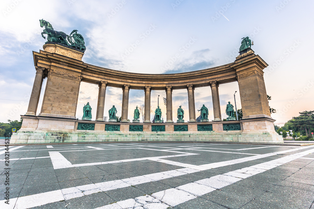 Budapest - June 21, 2019: Dawn in Heroes Square in Budapest, Hungary