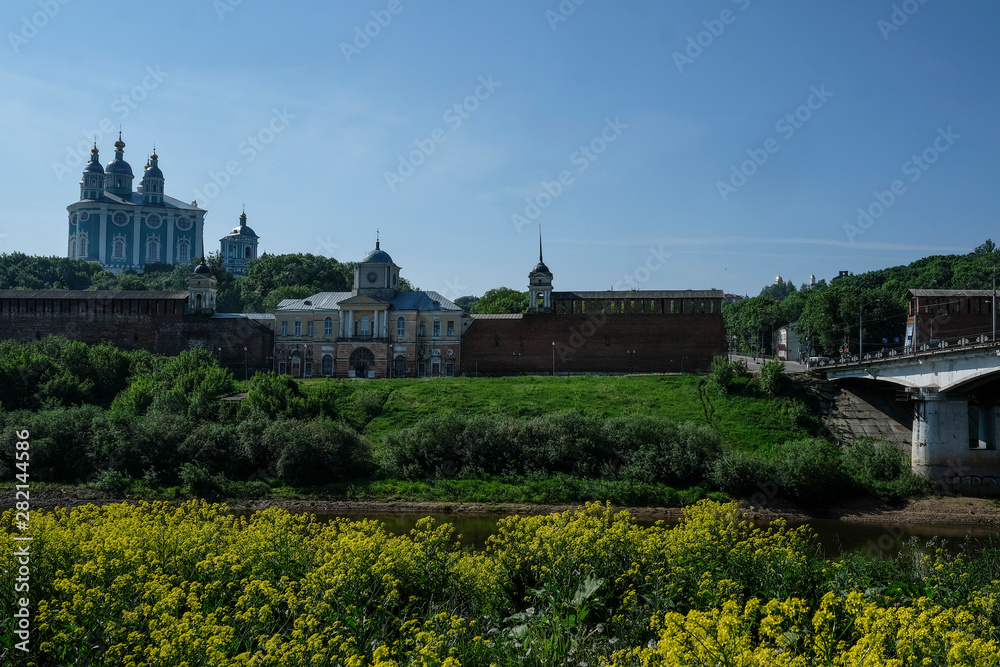 landscape with the image of the bridge across the Dnieper River and the view of the Kremlin in Smolensk, Russia