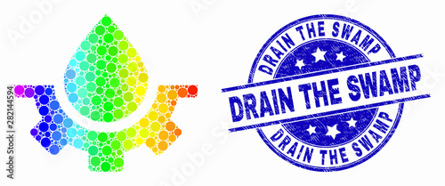 Pixel rainbow gradiented water service mosaic pictogram and Drain the Swamp seal stamp. Blue vector round grunge stamp with Drain the Swamp caption. Vector combination in flat style.