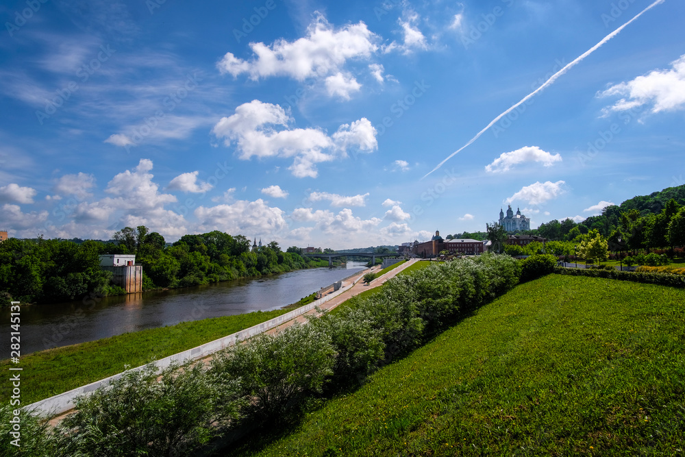 landscape with the image of the channel of the Dnieper River and the view of the city of Smolensk, Russia