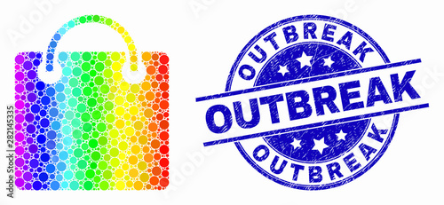 Pixelated bright spectral shopping bag mosaic icon and Outbreak seal stamp. Blue vector round distress seal with Outbreak caption. Vector combination in flat style.
