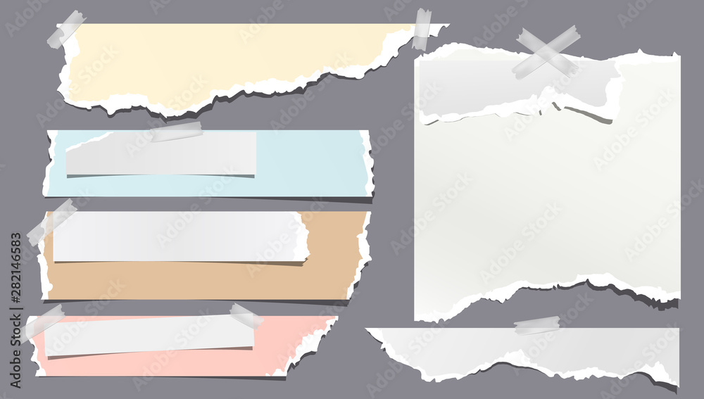 White colorful ripped, torn note, notebook paper strips, stuck with sticky tape on dark grey background. Vector illustration