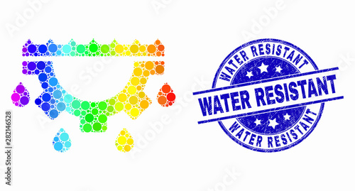 Dot bright spectral water gear drops mosaic icon and Water Resistant stamp. Blue vector round scratched stamp with Water Resistant caption. Vector composition in flat style.