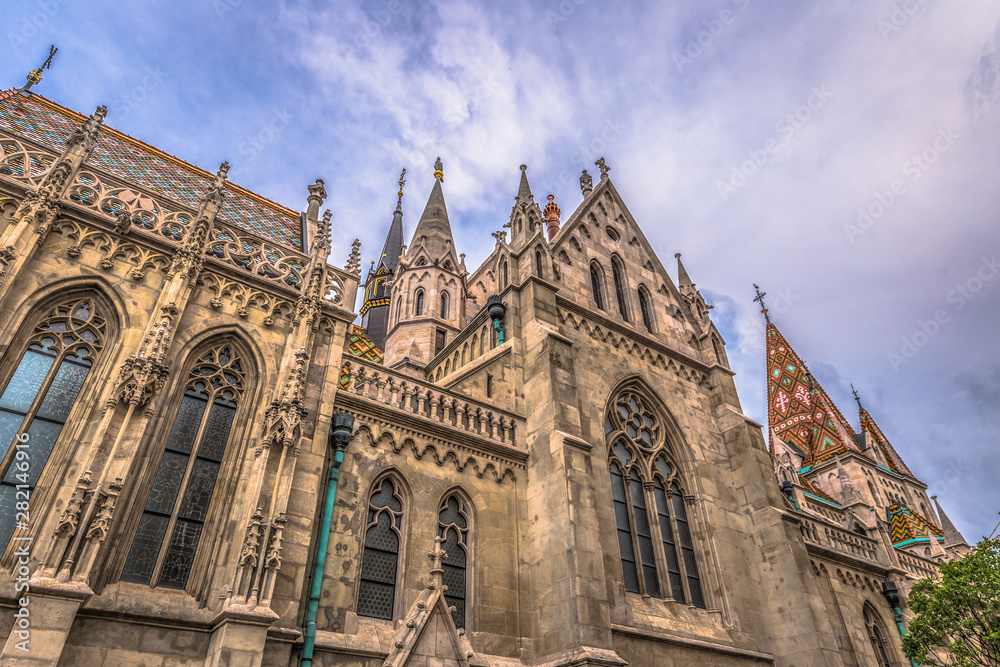 Budapest - June 21, 2019: Matthias church in the Fisherman's Bastion on the Buda side of Budapest, Hungary