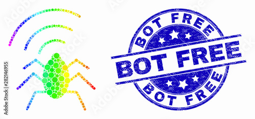 Pixelated spectral radio bug mosaic pictogram and Bot Free seal stamp. Blue vector round textured stamp with Bot Free message. Vector combination in flat style.