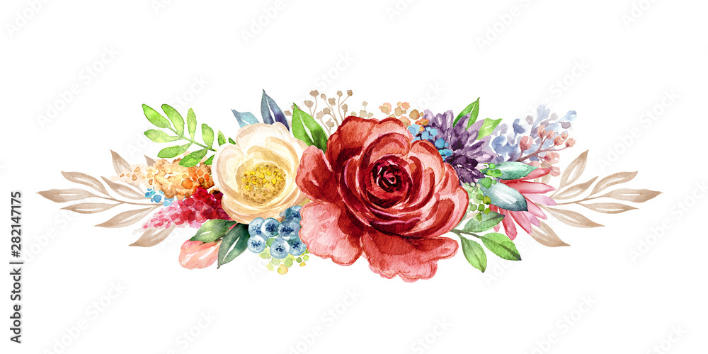 watercolor botanical illustration, bohemian style arrangement, bouquet of red and white roses and peonies, boho floral design, isolated on white background