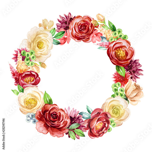 watercolor botanical illustration, round floral wreath, blank frame, bohemian style arrangement, red and white roses and peonies, boho design, isolated on white background