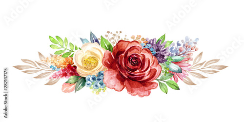 watercolor botanical illustration  bohemian style arrangement  bouquet of red and white roses and peonies  boho floral design  isolated on white background