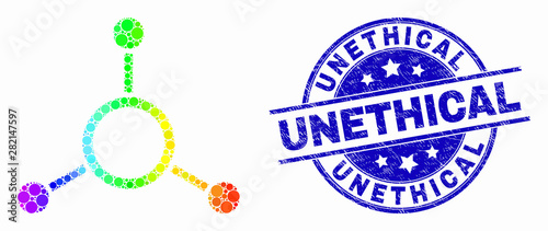 Dot rainbow gradiented masternode links mosaic pictogram and Unethical seal stamp. Blue vector rounded scratched stamp with Unethical title. Vector combination in flat style.