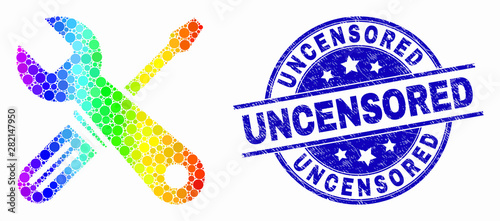 Dot spectral repair tools mosaic pictogram and Uncensored seal. Blue vector rounded grunge seal stamp with Uncensored title. Vector composition in flat style.