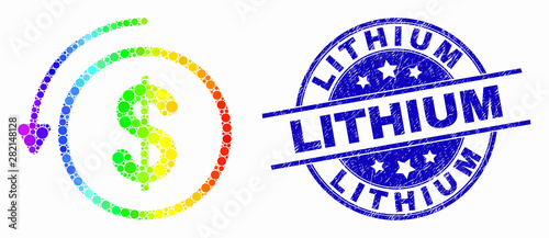 Pixelated spectral undo payment mosaic icon and Lithium seal stamp. Blue vector rounded grunge seal with Lithium phrase. Vector composition in flat style.