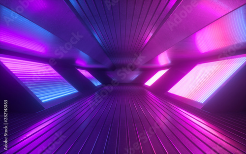 3d render, blue pink neon abstract background, glowing panels in infrared light, futuristic power generating technology