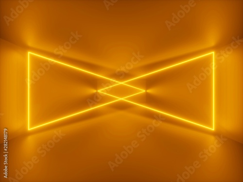 Fototapeta Naklejka Na Ścianę i Meble -  3d render, yellow neon light, abstract minimalist background, dynamic glowing triangles, performance stage, vibrant colors, empty room, tunnel, corridor, night club interior