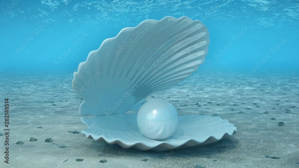 Pearl inside a seashell. Beautiful pearl in the shell on the seabed. Rays of sunlight shining from above penetrate deep clear blue water. Caustic effect in the seabed. Sunlight beams underwater. 4K